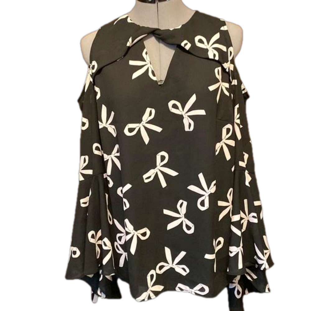 Belle Sky Cold Shoulder Bell Sleeves Blouse with Bow Print